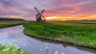 Windmill green field river sunset - caspar van wittel free wallpaper