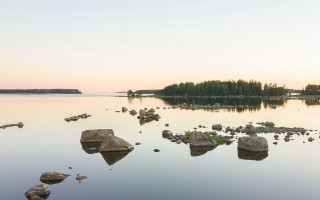 Lake rocks trees sunset matte - akseli gallenkallela free wallpaper for desktop