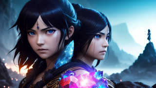 Two women sword gaming glowing - a video game free wallpaper for desktop