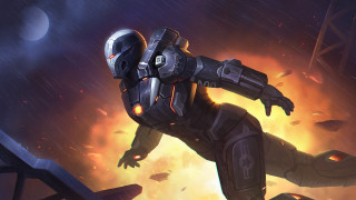 Futuristic man rain gun helmet - his hand and a helmet free wallpaper