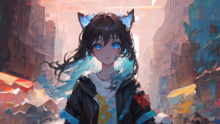 Anime girl blue eyes cat - graffiti free wallpaper for desktop