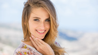 Eszter mattioni smiling mountain background - her face and a hand free wallpaper for desktop
