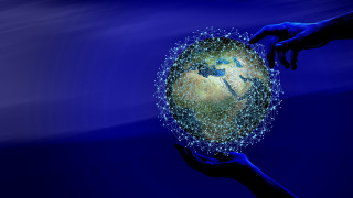 Globe hands blue background hologram - buckminster fuller free wallpaper