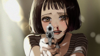 Woman gun pointing aiming anime - her face and shoulder free wallpaper