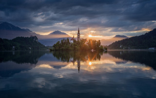 Lake church mountain clouds dusk - ferenc joachim free wallpaper