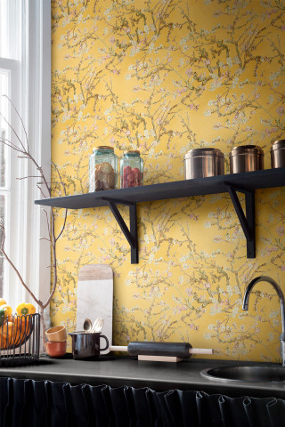 Kitchen yellow wall black counter - free flowers wallpaper for mobile