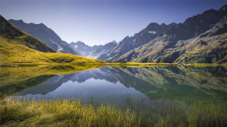 Mountain range lake grass forest - cedric seaut free wallpaper for desktop