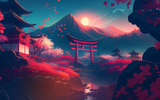 Mountain pagoda stream fullmoon autumn - a painting of a mountain free wallpaper