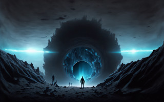 Man woman cave blue portal - sci fi free wallpaper for desktop