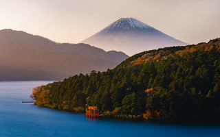Mountain lake forest boat ukiyo - japan aimitsu free wallpaper