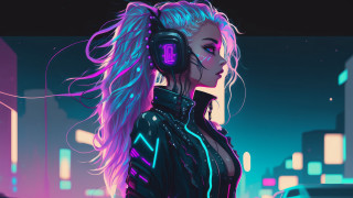 Neon city cyberpunk woman headphones - headphone free wallpaper