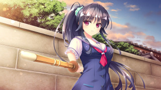 Girl blue dress baseball bat - her hand and a brick wall behind her free wallpaper