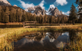Small bridge pond mountains sky - derold page free wallpaper