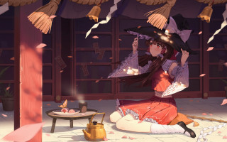 Woman sitting hat umbrella teapot - magical atmosphere free wallpaper