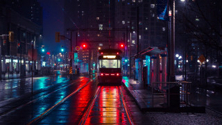 City street night neon cyberpunk - a bus free wallpaper