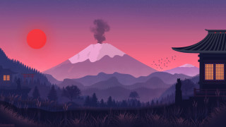 Mountain pagoda sunset birds hill - dan mumford free wallpaper for desktop