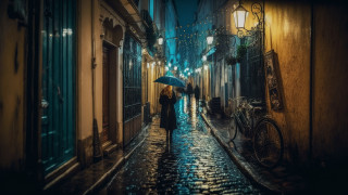 Rainy night couple umbrella cityscape - a street holding free wallpaper
