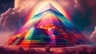 Psychedelic egyptian rainbow pyramid city - sky in the background free wallpaper
