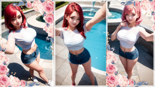 Redhair woman pool roses white - sakimi chan free wallpaper for desktop