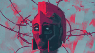 Woman redhair blackmask processart detailed - half robot free wallpaper