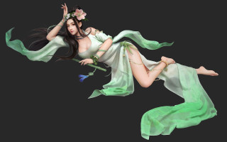 Woman green dress flying flower - fullbody free wallpaper for desktop