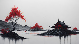 Red pagoda lake mountains autumn - environment free wallpaper