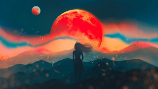 Woman hill red moon fantasy - a red moon in the background free wallpaper for desktop