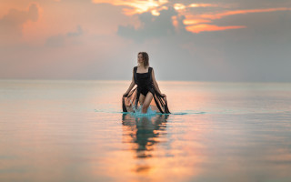 Woman surfboard sunset beach mountain - bathing free wallpaper