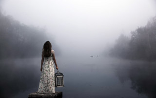 Woman dress suitcase dock foggy - surreal photography free wallpaper for desktop