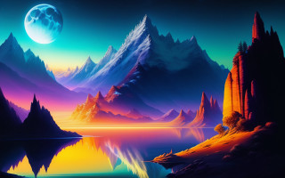 Mountain lake full moon reflection - a painting of a mountain lake free wallpaper