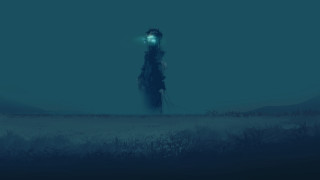 Person dog field glowing forest - digital art free wallpaper for desktop