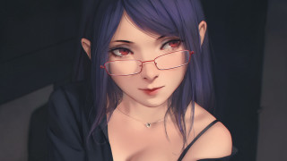 Woman glasses blackshirt necklace purplehair - her neck and chest free wallpaper