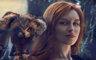 Red haired woman owl serious - red hair holding free wallpaper