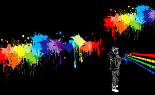 Man rainbow paint splattered wall - banksy free wallpaper