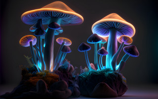 Glowing mushrooms psychedelic 3d volumetric - the dark night sky free wallpaper