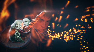 Fireman fire extinguisher embers autumn - his hand and a fire in the background free wallpaper