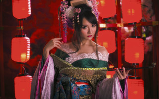 Woman fan lamp redbackground chinese - sakimi chan free wallpaper for desktop