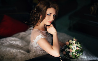 Wedding dress bouquet portrait romantic - a woman in a wedding dress holding free wallpaper