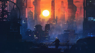 Bridge city sunset skyline moon - solarpunk free wallpaper