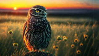 Owl rock dandelions sunset photorealistic - ultra realistic digital art free wallpaper