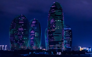 Futuristic cityscape night skyline reflection - cyberpunk style free wallpaper