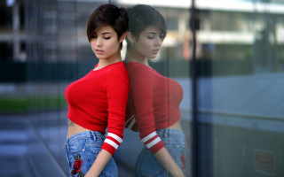 Woman red shirt jeans anamorphic - leaning free wallpaper for desktop