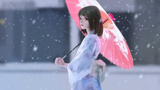 Woman kimono umbrella snow night - free winter wallpaper