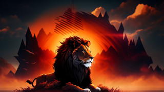 Lion sunset mountains fire red - a rock in front free wallpaper for desktop