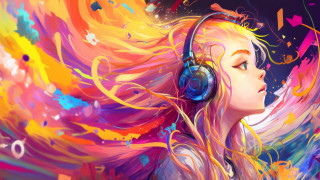 Psychedelic girl fire wings headphones - vivid color free wallpaper