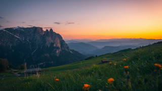 Mountain house sunset valley nature - a house in the middle of it free wallpaper