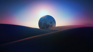 Desert sunset large ball moon - a bright sun in the background free wallpaper