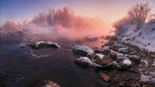 River snow rocks trees misty - mist free wallpaper for desktop