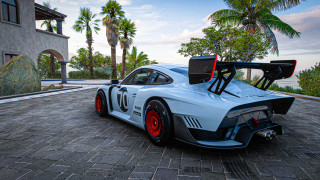 White racecar brickroad palmtree clockbuilding - hyper detail free wallpaper