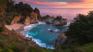 Beach water trees sunset pink - a body of water and trees free wallpaper